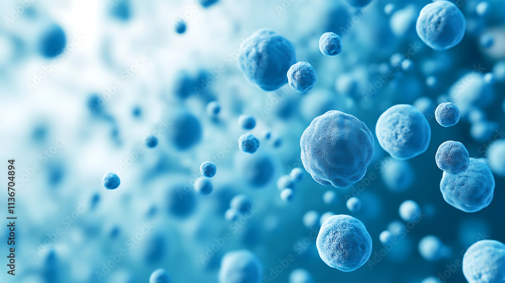 Magnified view of spherical blue cells floating in fluid. Intricate surface textures with visible pores or openings. Varying sizes and shades of blue create Magnified view of spherical blue cells floating in fluid. Intricate surface textures with visible pores or openings. Varying sizes and shades of blue create