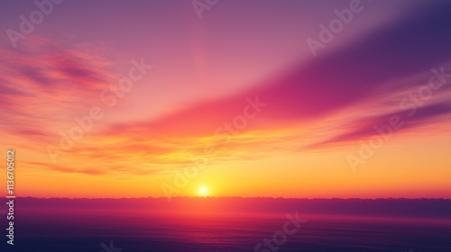 Vibrant sunrise with a gradient of warm oranges, pinks, and purples blending into the sky over the horizon, illuminating the scene.