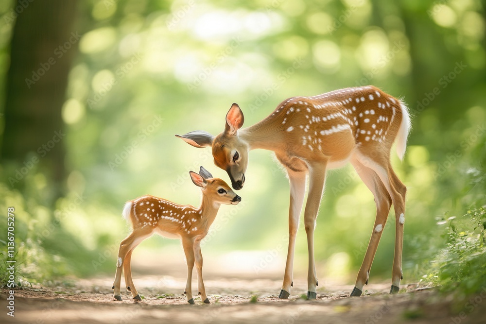 A fawn of a white-tailed deer accompanied by its hind on a trail in the wilds of northern Wisconsin A fawn of a white-tailed deer accompanied by its hind on a trail in the wilds of northern Wisconsin