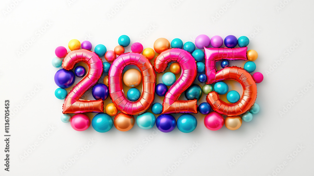 Fototapeta premium Colorful balloons forming year 2025, surrounded by vibrant spheres, creating festive and playful atmosphere. Perfect for celebrations and events