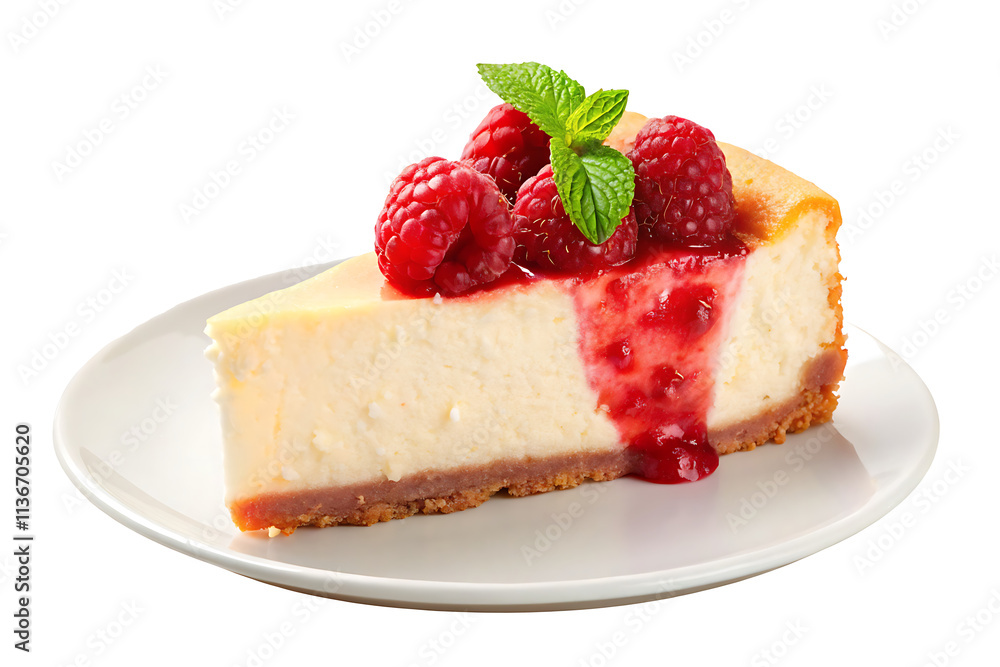 Piece of cheesecake with raspberries on the plate isolated on white background PNG.AI GENERATED Piece of cheesecake with raspberries on the plate isolated on white background PNG.AI GENERATED