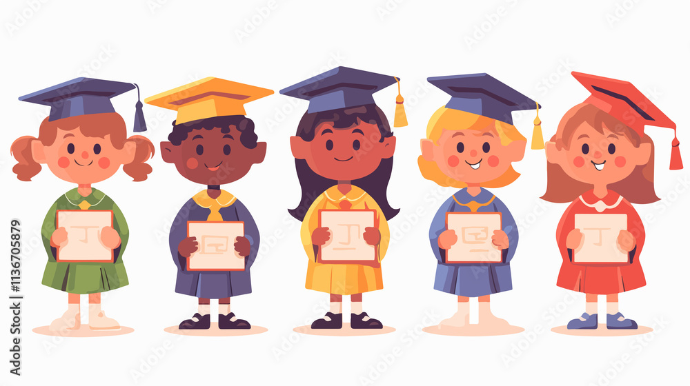 Joyful Graduation of Preschool Kids with Diplomas, Kindergarten Children Celebrating Achievement Joyful Graduation of Preschool Kids with Diplomas, Kindergarten Children Celebrating Achievement