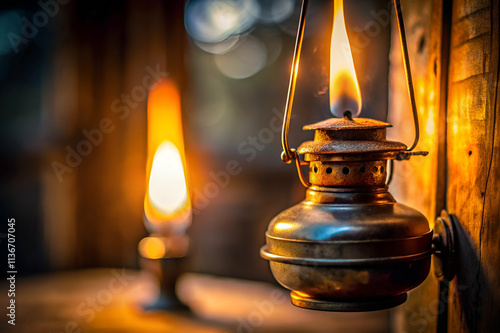 A vintage oil lamp glows warmly in a dim setting, casting a nostalgic ambiance, with another lamp softly lit in the background. photo