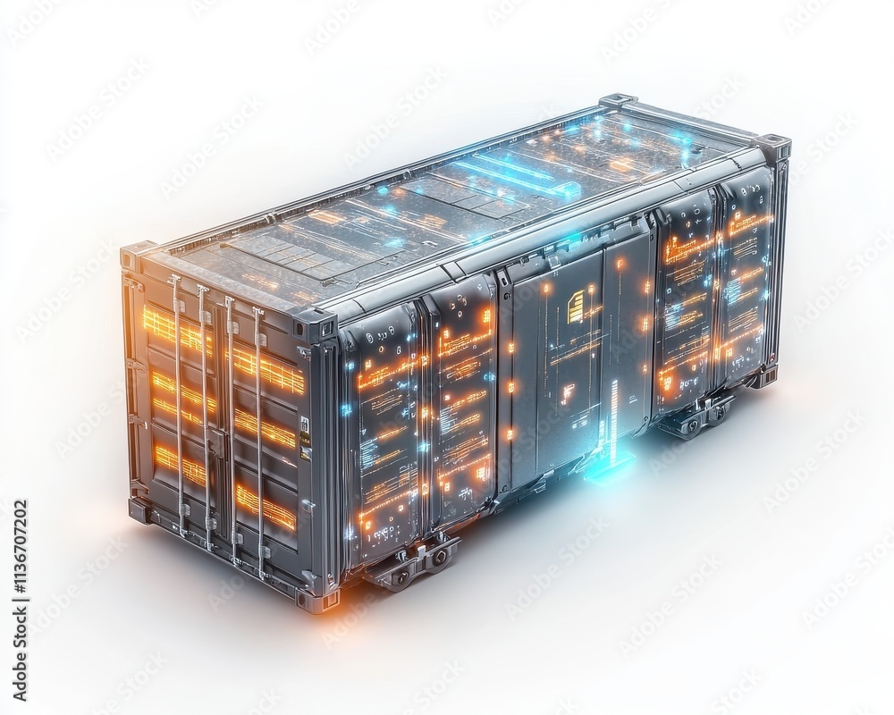 Futuristic shipping container with glowing circuits representing advanced technology. Futuristic shipping container with glowing circuits representing advanced technology.