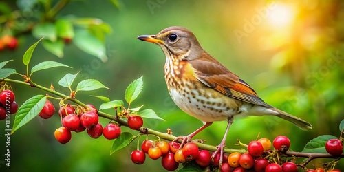 Vintage Style Photography of a Pale-breasted Thrush Bird Enjoying Embauba Fruit Amidst Lush Greenery in a Serene Natural Setting photo