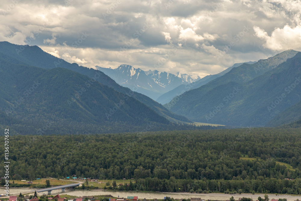 Fototapeta premium Beautiful view of Belukha mountain. Tyungur village, Altai republic, Russia
