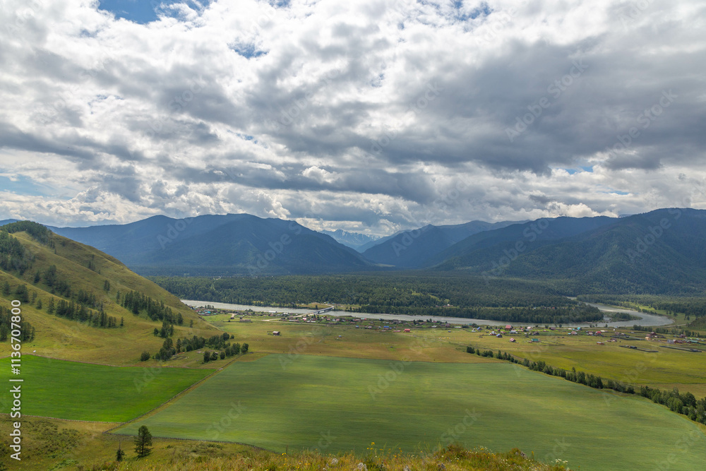 Beautiful view of Belukha mountain. Tyungur village, Altai republic, Russia Beautiful view of Belukha mountain. Tyungur village, Altai republic, Russia