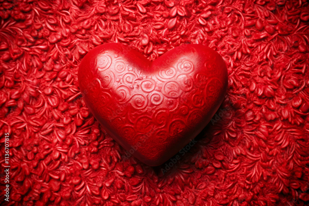A red heart-shaped object sits on a textured red background, creating a warm and romantic atmosphere. A red heart-shaped object sits on a textured red background, creating a warm and romantic atmosphere.
