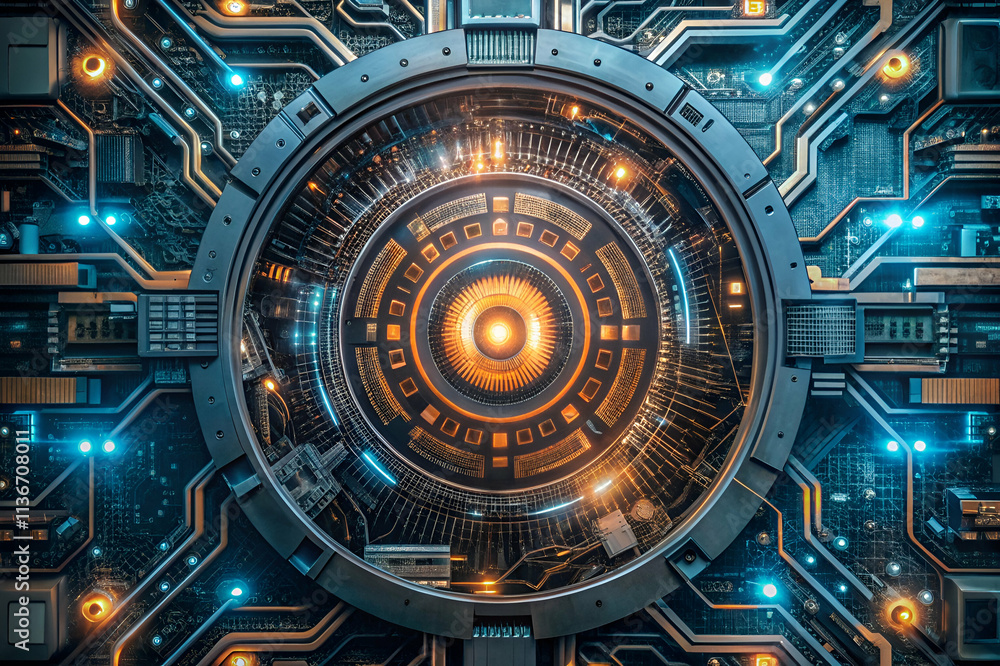 A vibrant, futuristic circuit board design featuring a glowing central core surrounded by intricate patterns and lights. A vibrant, futuristic circuit board design featuring a glowing central core surrounded by intricate patterns and lights.