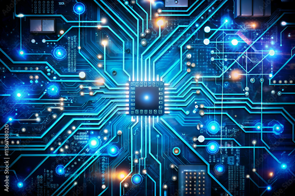 A vibrant close-up of a microchip on a circuit board, illuminated by blue lights and interconnected pathways, showcasing technology and innovation.