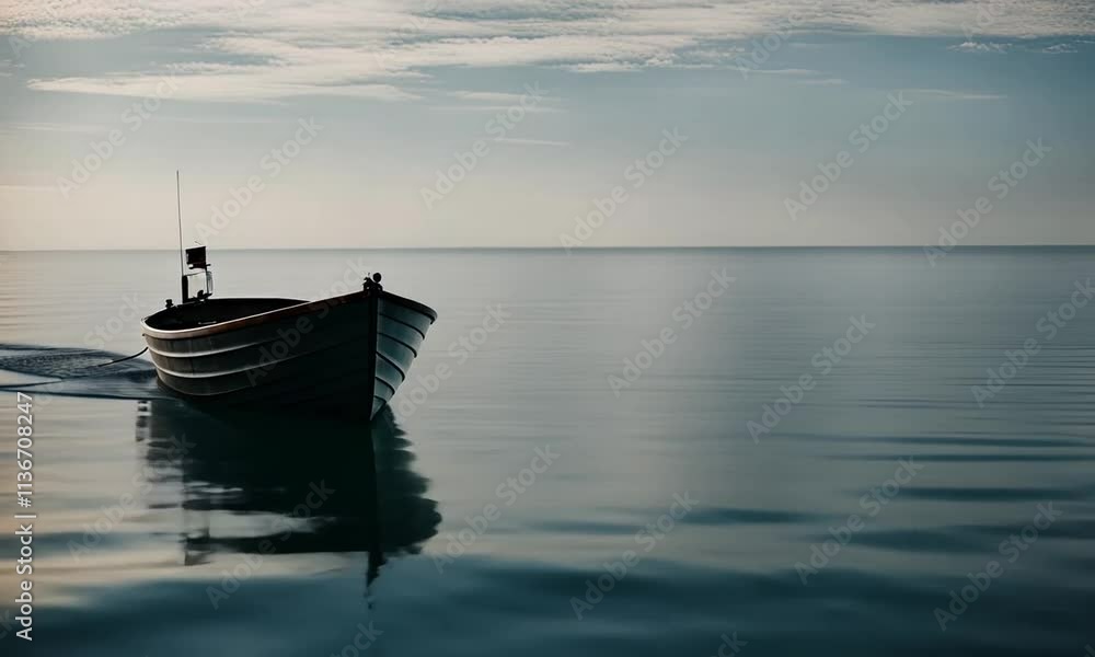 A small boat drifting alone on a calm, vast ocean, surrounded by endless water and a clear sky, evoking a sense of isolation and tranquility A small boat drifting alone on a calm, vast ocean, surrounded by endless water and a clear sky, evoking a sense of isolation and tranquility