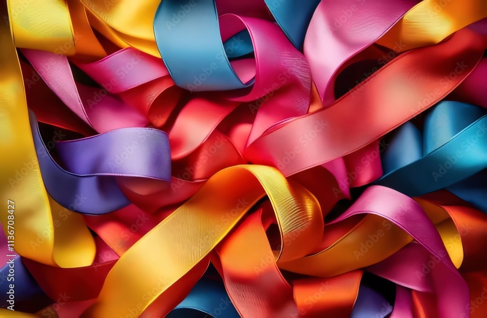 Colorful satin ribbons tangled together. Colorful satin ribbons tangled together.