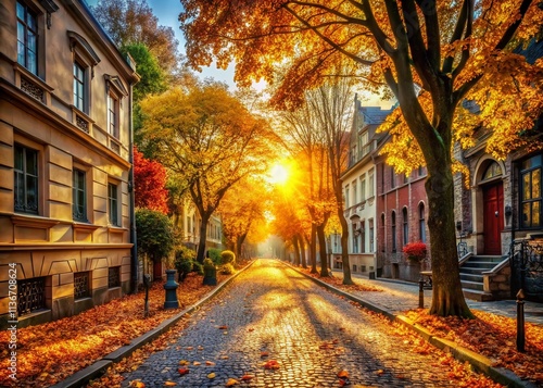 Vintage Style Photography of a Serene Autumn Street Scene with Colorful Trees and Fallen Leaves in a Charming City, Evoking Nostalgia and Warmth in an Urban Environment