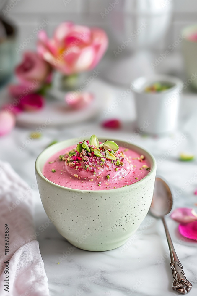 Light Pink Pistachio Pudding on White Marble Tabletop with Clean White Wall Light Pink Pistachio Pudding on White Marble Tabletop with Clean White Wall