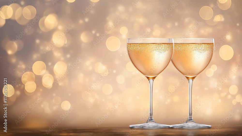 Two elegant champagne glasses filled with bubbly, set against a beautifully blurred background of golden lights, evoke a celebratory and festive atmosphere. Two elegant champagne glasses filled with bubbly, set against a beautifully blurred background of golden lights, evoke a celebratory and festive atmosphere.