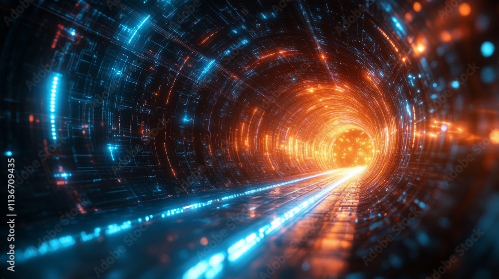 Obraz premium Colorful tunnel visualize with bright lights and high tech atmosphere in a digital landscape