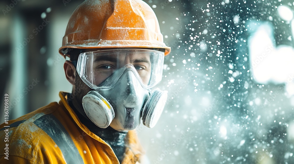 Construction worker wearing protective mask and goggles in dusty environment Construction worker wearing protective mask and goggles in dusty environment
