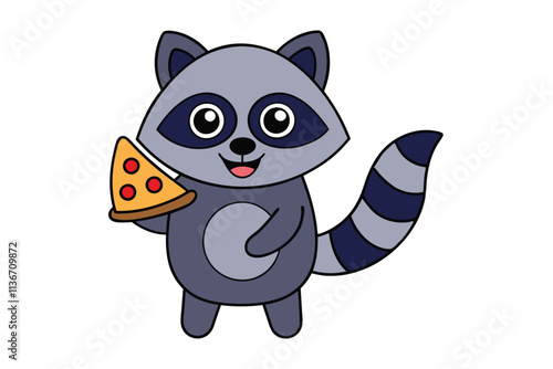 A smiling raccoon holding a piece of pizza, vector illustration. vector