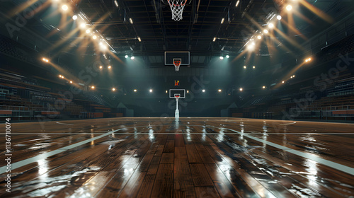 Empty Basketball Arena with Dramatic Lighting photo