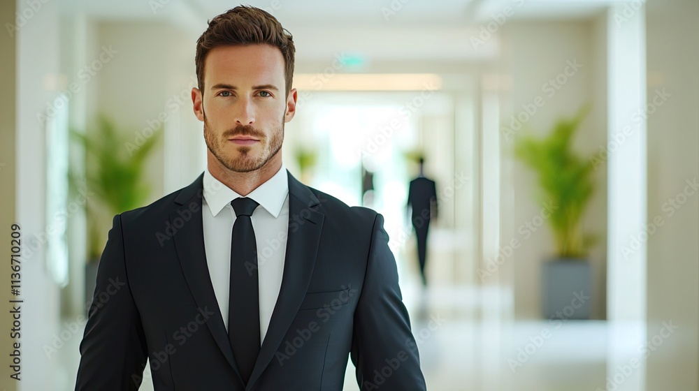 A confident man in a suit stands in a modern hallway, exuding professionalism amidst a stylish, contemporary environment. A confident man in a suit stands in a modern hallway, exuding professionalism amidst a stylish, contemporary environment.