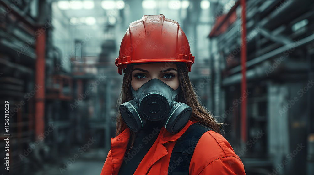 A woman adorned in a vibrant red helmet and protective gas mask stands confidently in a hazardous work environment. Her sturdy attire hints at the dangerous nature of her surroundings. A woman adorned in a vibrant red helmet and protective gas mask stands confidently in a hazardous work environment. Her sturdy attire hints at the dangerous nature of her surroundings.