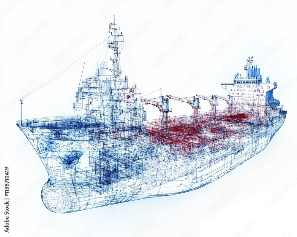 Intricate wireframe illustration of a cargo ship on a white background.