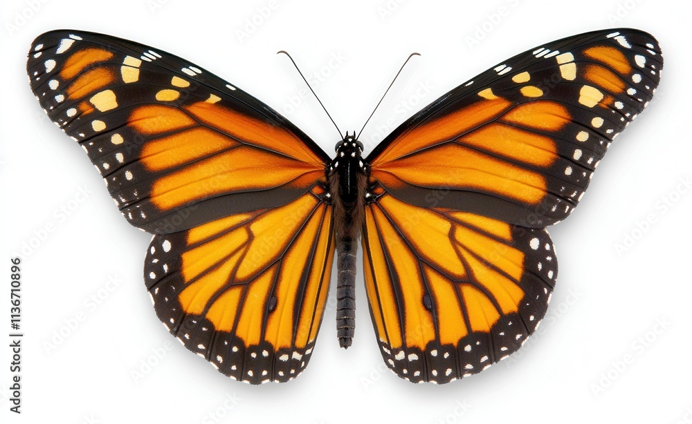 Fototapeta premium A close-up of a Danaus chrysippus butterfly, set against a white background, viewed from above