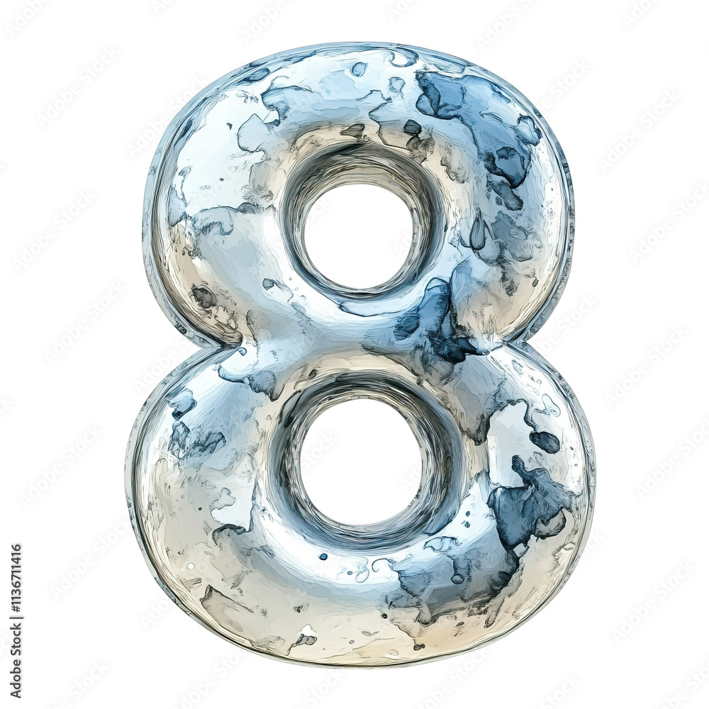 A shiny, metallic number eight with a unique surface texture and two circular cutouts. A shiny, metallic number eight with a unique surface texture and two circular cutouts.