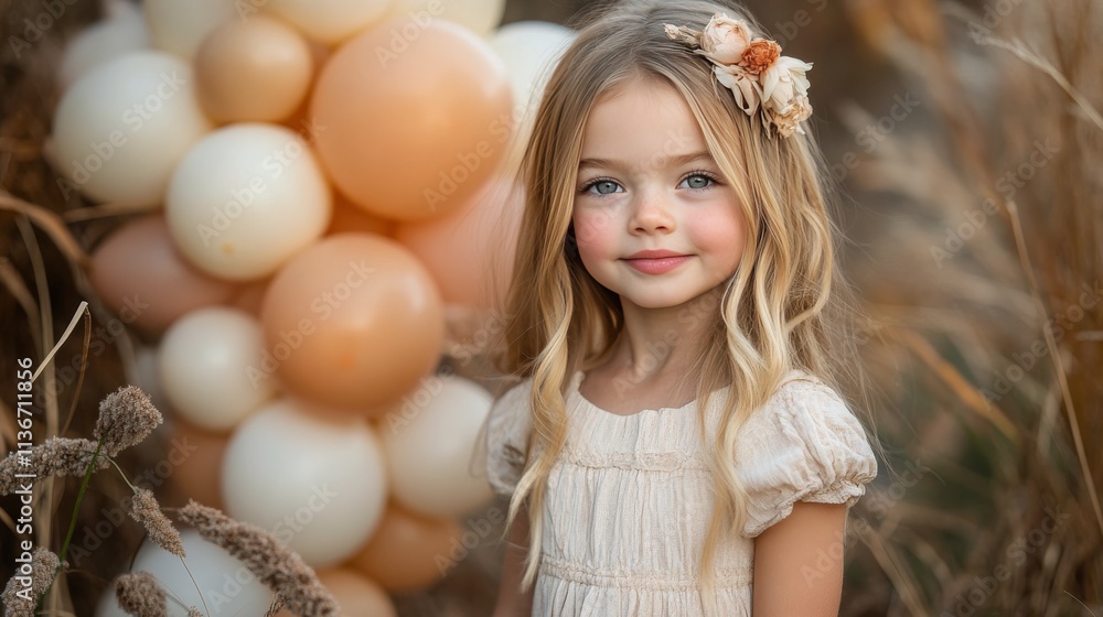 Sweet girl posing beside balloon arrangement in a warm autumn setting Sweet girl posing beside balloon arrangement in a warm autumn setting