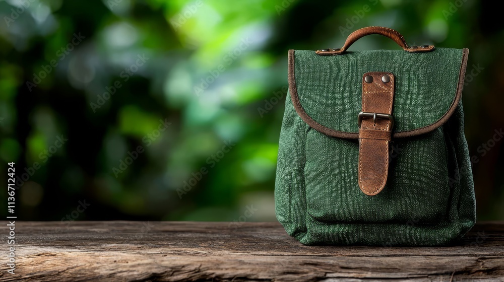 A green backpack sitting on top of a wooden table A green backpack sitting on top of a wooden table