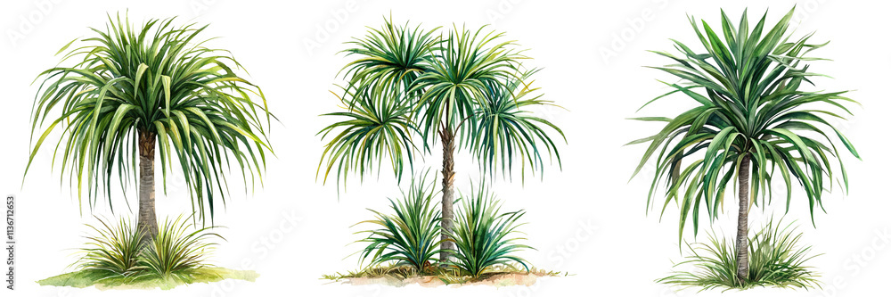Three distinct, lush green ponytail palm plants with long, slender leaves, showcasing variations in height and style. Three distinct, lush green ponytail palm plants with long, slender leaves, showcasing variations in height and style.