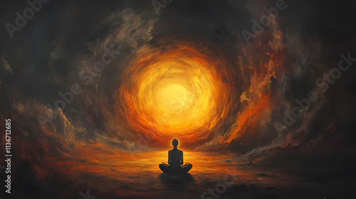 In search of enlightenment: a solitary figure meditates amidst the fiery embrace of an artistic sunset. Embrace. Illustration photo