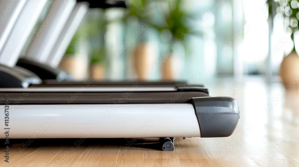 A row of treadmills in a gym with plants in the background A row of treadmills in a gym with plants in the background