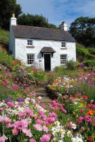 Fototapeta Naklejka Na Ścianę i Meble -  Charming cottage surrounded by vibrant flowers in a lush garden setting
