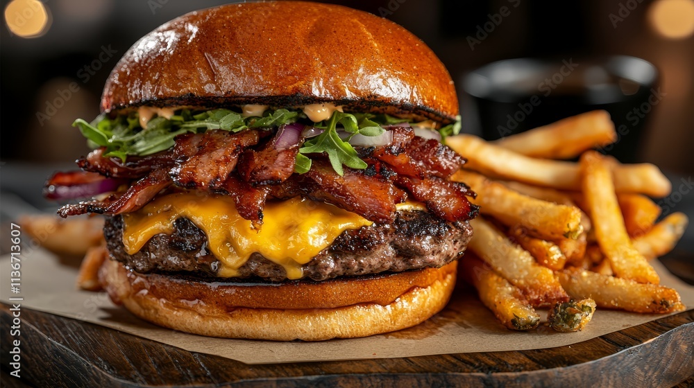A bacon cheeseburger and french fries on a wooden cutting board A bacon cheeseburger and french fries on a wooden cutting board