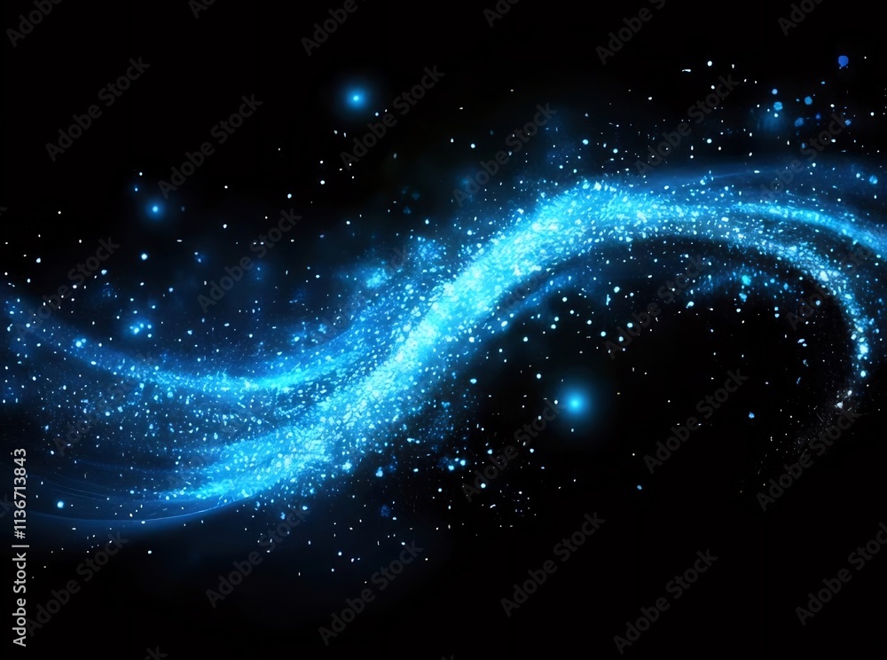 Glowing blue particles swirl on black background.