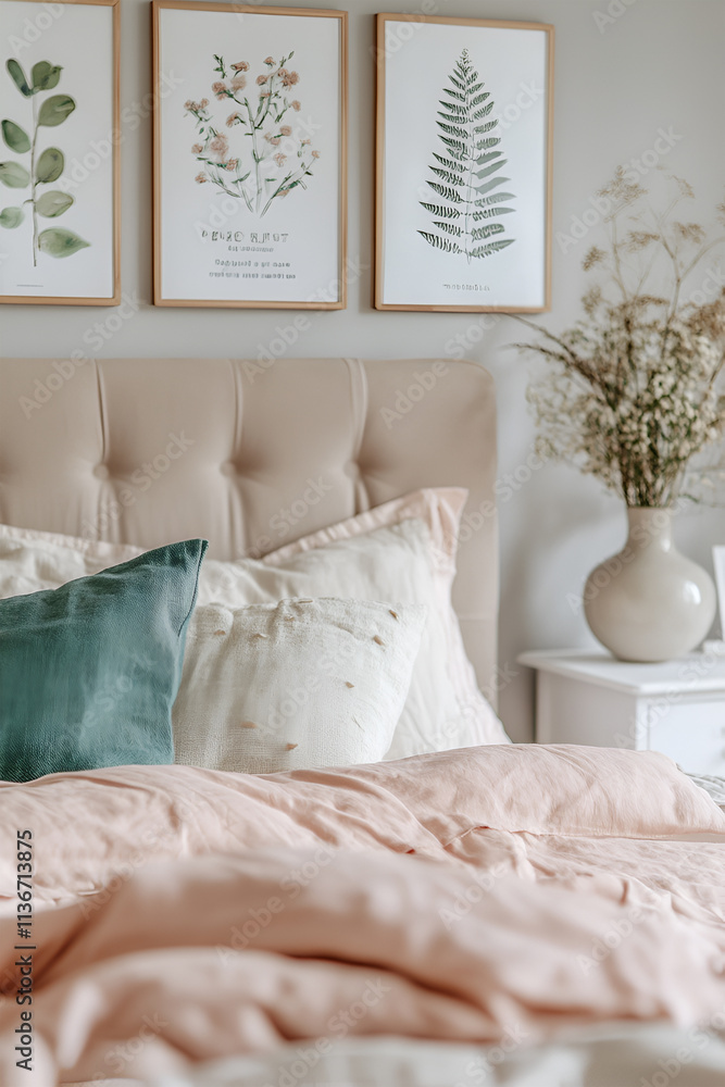 pillows on the bed with paintings on the wall pillows on the bed with paintings on the wall