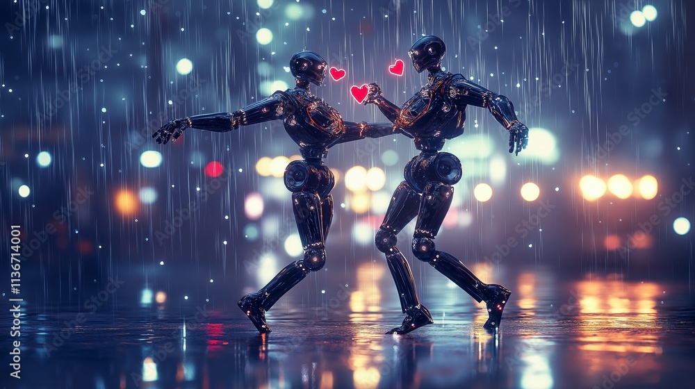 A pair of robots dancing in the rain, celebrating love on Valentine's Day, with glowing reflections and raindrops in a futuristic, romantic setting. A pair of robots dancing in the rain, celebrating love on Valentine's Day, with glowing reflections and raindrops in a futuristic, romantic setting.