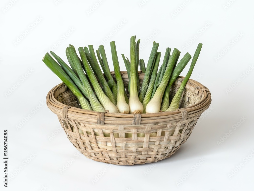 leek in basket bought from the market, Allium Vegetable leaf sheaths leek in basket bought from the market, Allium Vegetable leaf sheaths