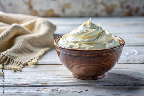 Vintage Style Photography of Heavy Cream in a Bowl Isolated on a White Background for Culinary and Food Styling Inspiration