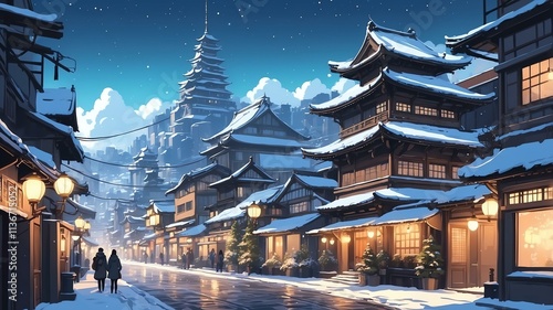 Aesthetic city exterior anime style in winter theme background photo