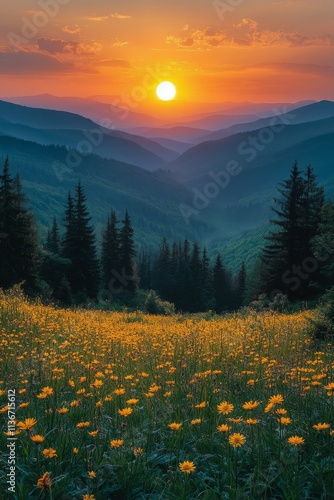 Sunset over rolling hills with wildflowers blooming in the foreground during springtime