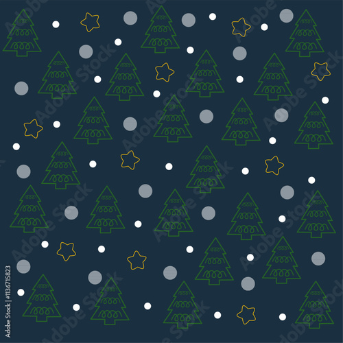 snow forest with christmas trees and stars