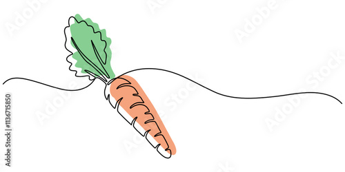 Continuous one line drawing of isolated carrot outline vector art illustration, Simple carrot in continuous one line art drawing design, Growing carrot plant minimalist outline vector, one line draw 

