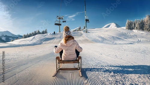  child sitting on one sled against the background of a snow-covered ski slop