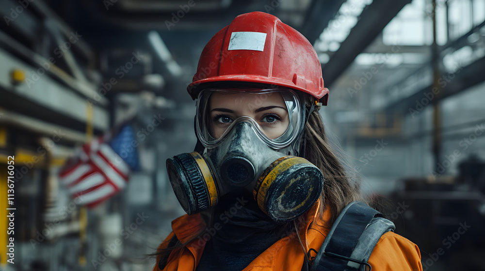 Naklejka premium A woman adorned in a vibrant red helmet and protective gas mask stands confidently in a hazardous work environment. Her sturdy attire hints at the dangerous nature of her surroundings.