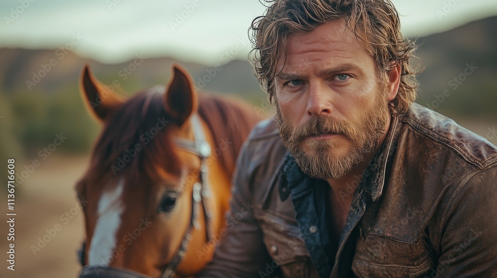Man with beard and horse in natural landscape during sunset in western style attire Man with beard and horse in natural landscape during sunset in western style attire