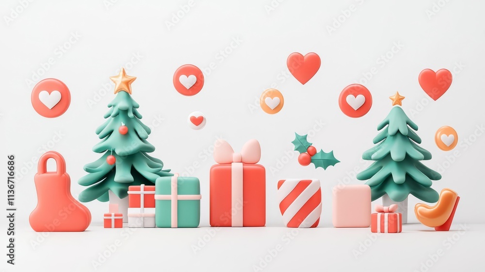 Festive decorations with gifts and trees.