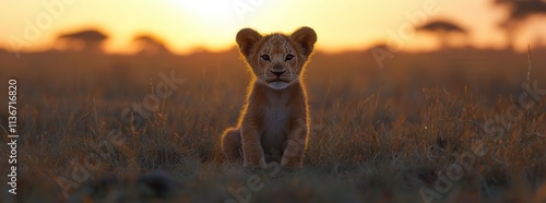 Sunset over Mount Kilimanjaro, with a lion portrait set in the savanna