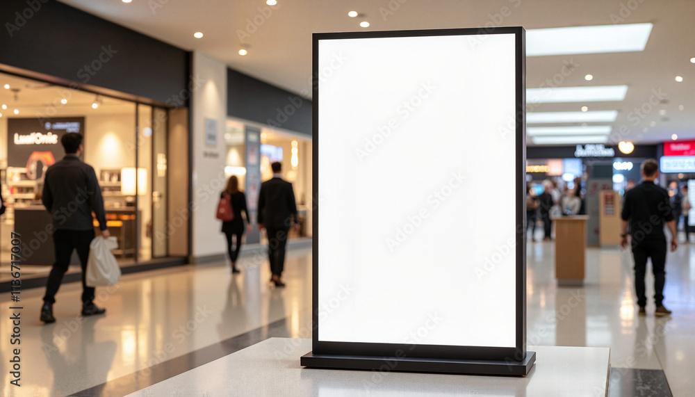 Blank advertising display stand in a bustling shopping mall with shoppers walking by and a modern retail environment Blank advertising display stand in a bustling shopping mall with shoppers walking by and a modern retail environment